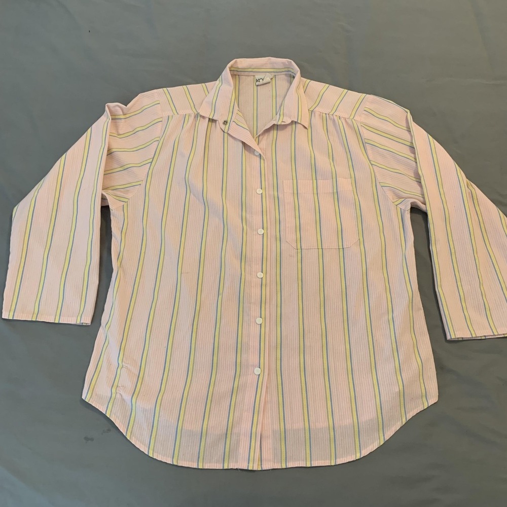 Vintage Koret Shirt Womens Large Pink Stripe Seersucker Pocket Made‎ in USA 90s